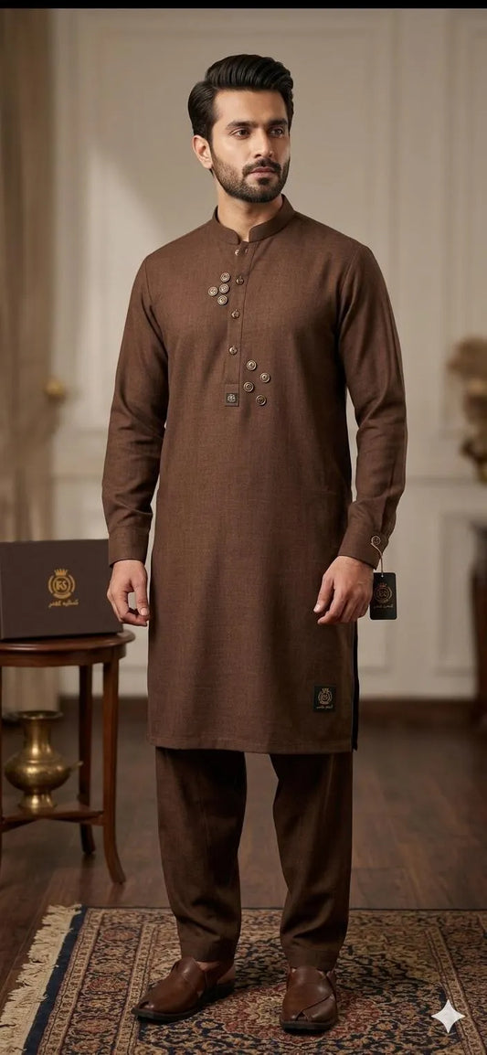 Royal Chocolate Brown Stitched Kamalia Khaddar Suit