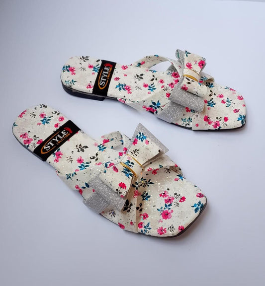 Floral Flat Slides with Glitter Bow