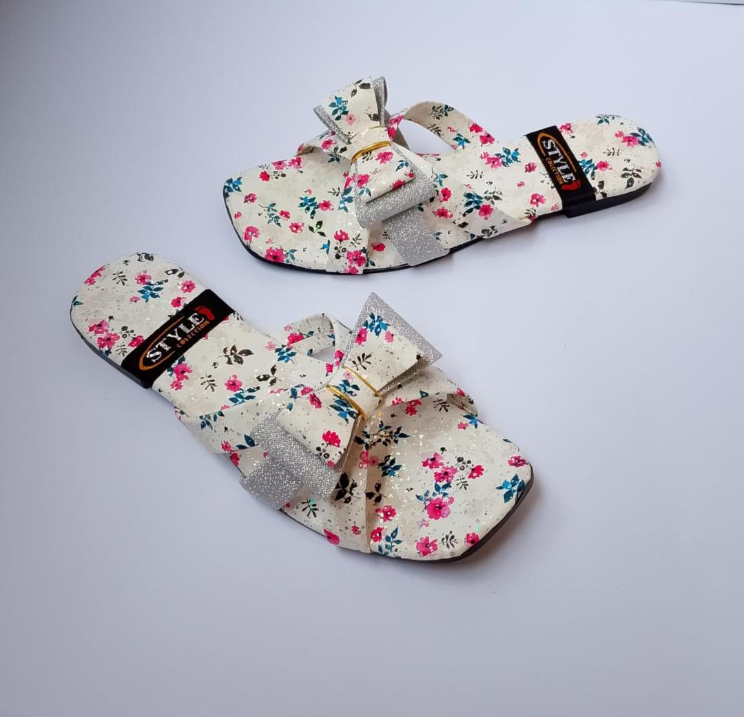 Floral Flat Slides with Glitter Bow