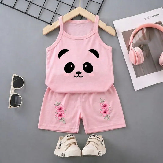 Pink Panda Bear Sleeveless Set for Girls 1-12Y