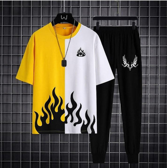 Men's Printed Track Suit Yellow Black Flame Design