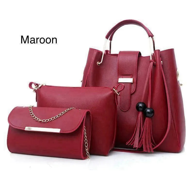 Luxury 3-Piece Maroon Handbag Set