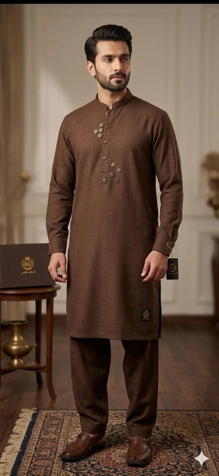 Royal Chocolate Brown Stitched Kamalia Khaddar Suit