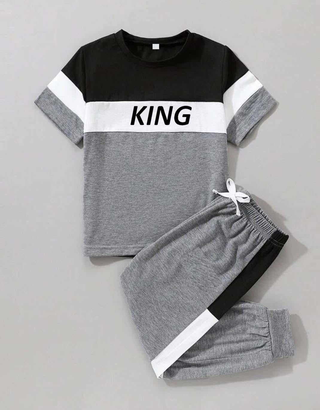 "KING" Color Block Short Sleeve T-Shirt & Jogger Sweatpants Set – 2-Piece