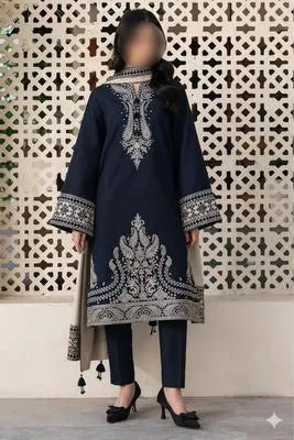 Midnight Grace: Embroidered Velvet Shawl Suit