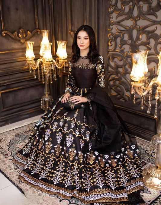 Black Katan Silk Digital Print Maxi Suit with Gold Embroidery