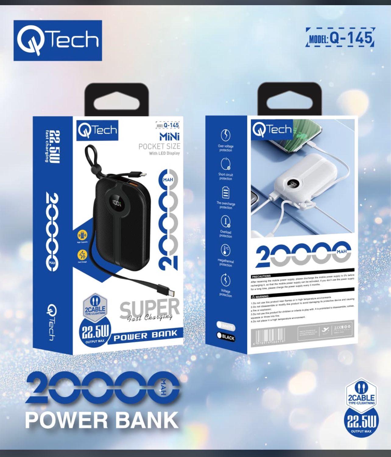 Qtech 20000mAh Power Bank 22.5W PD Fast Charging