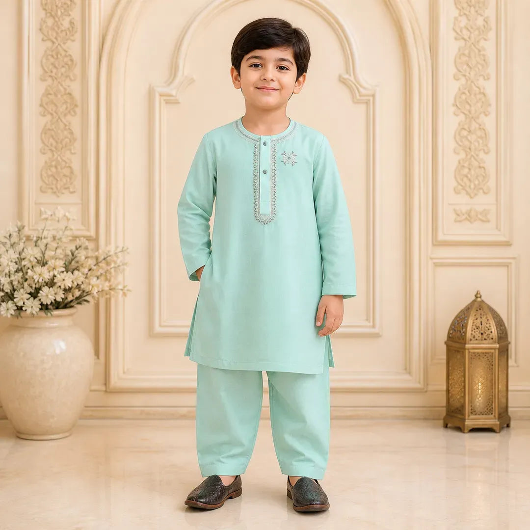 Boy's Cotton Embroidered Kurta Shalwar Set Mint Green 6-12M