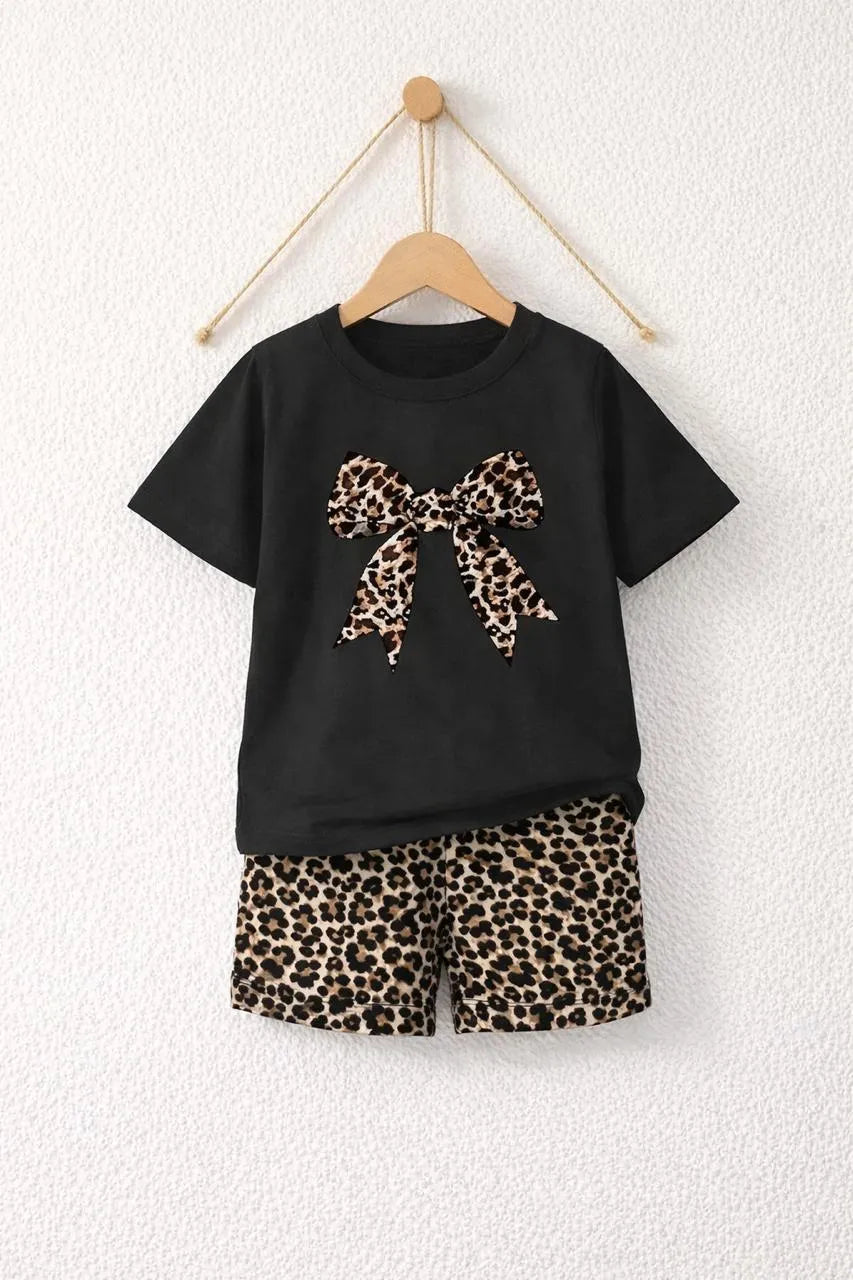Girls Leopard Print Night Suit Black Bow Shorts