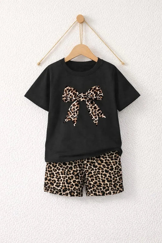 Girls Leopard Print Night Suit Black Bow Shorts