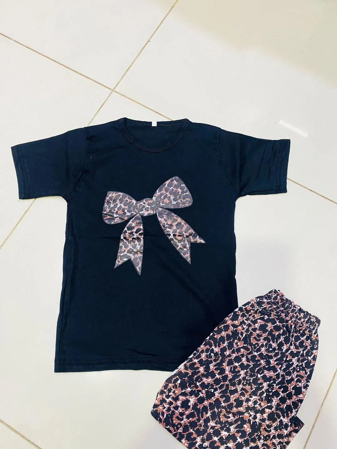 Girls Leopard Print Night Suit Black Bow Shorts