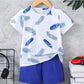 Kids Feather Print Night Suit Blue Shorts Set