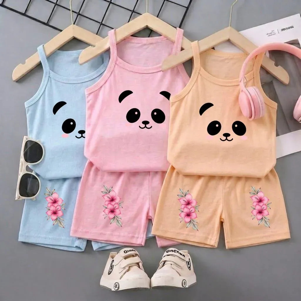 Pink Panda Bear Sleeveless Set for Girls 1-12Y