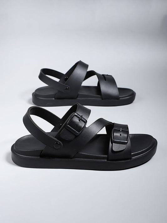 Men’s Matte Black Buckle Sporty Sandals