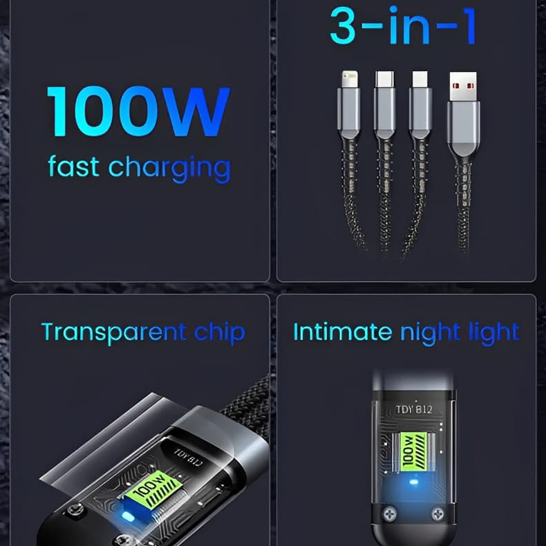 00W Ultra-Fast 3-in-1 Charging Cable — Transparent Tech Edition