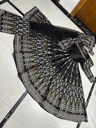Black Katan Silk Digital Print Maxi Suit with Gold Embroidery