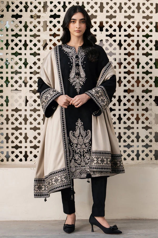 Midnight Grace: Embroidered Velvet Shawl Suit